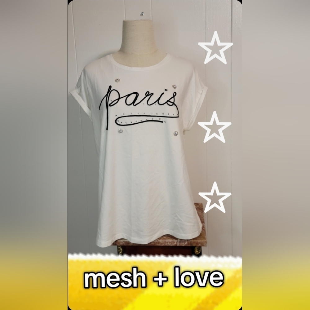 Elegant mesh+love White Paris Embellished Tee